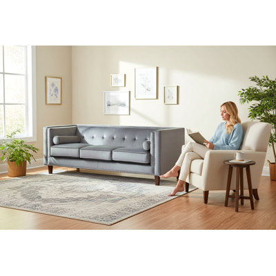Chesterfield Button Tufted 3-Seater Sofa, Square Arm Velvet Couch with Nailhead Trim, Solid Wood Frame Upholstered Sofa with Bolster Pillows for Home