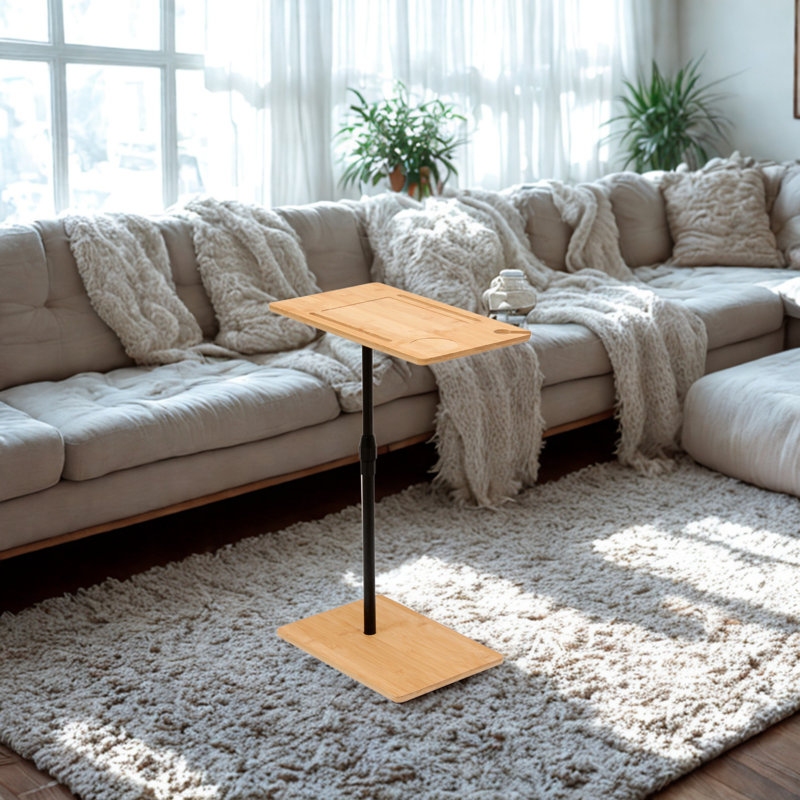 Bamboo Couch Tray Table Height Adjustable C-Shaped End Table with Slots 2 Tier Sofa Side Table for Living Room & Bedroom (Rectangle + Rectangle)