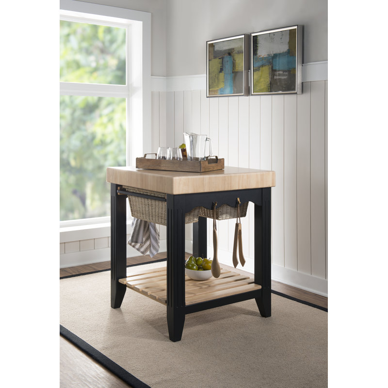 Behling Solid Butcher Block Kitchen Island with Baskets and Storage Shelf, Black