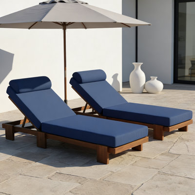 2-Piece 78.8" Acacia Wood Outdoor Chaise Lounge Set, Adjustable Recliners With Headrest & Retractable Side Tray For Poolside Garden Beach (No Coffee Table)