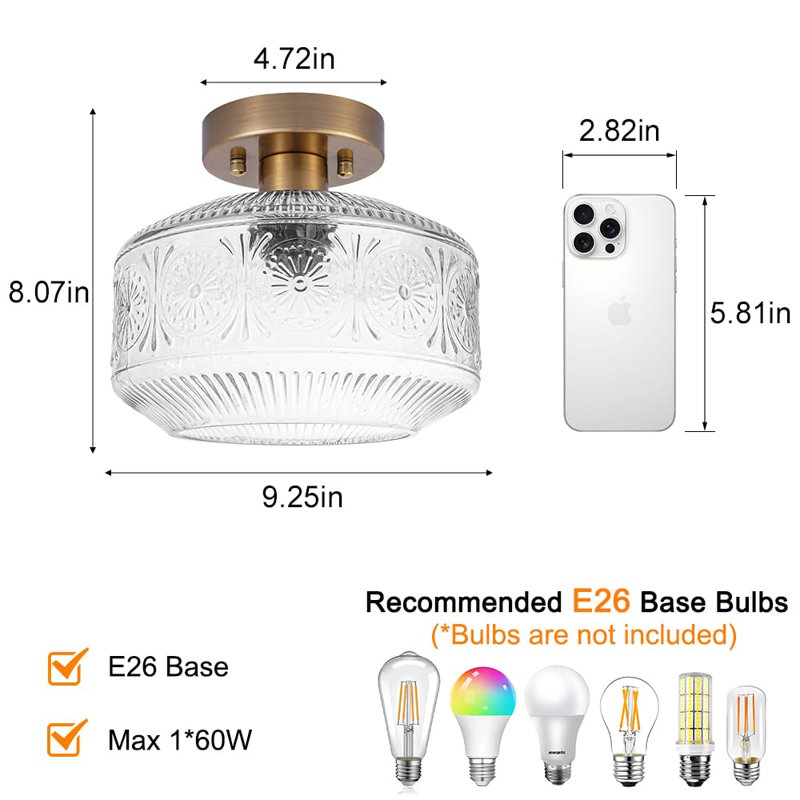 Plafonnier semi-encastré, petit plafonnier rétro, luminaire de couloir en verre épaissi, plafonnier de cuisine en laiton pour entrée, chambre à coucher, salle de bain, porche