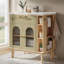 Meuble-lavabo à pieds en bois massif de 30 pouces avec lavabo en céramique, portes en verre arquées avec tablettes, barre à serviettes et porte-mouchoirs intégrés.