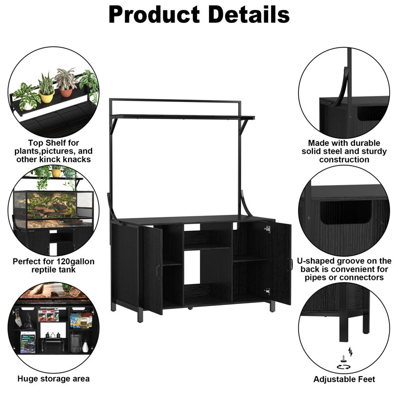 48'' Black Iron and MDF Reptile Terrarium Stand with Storage