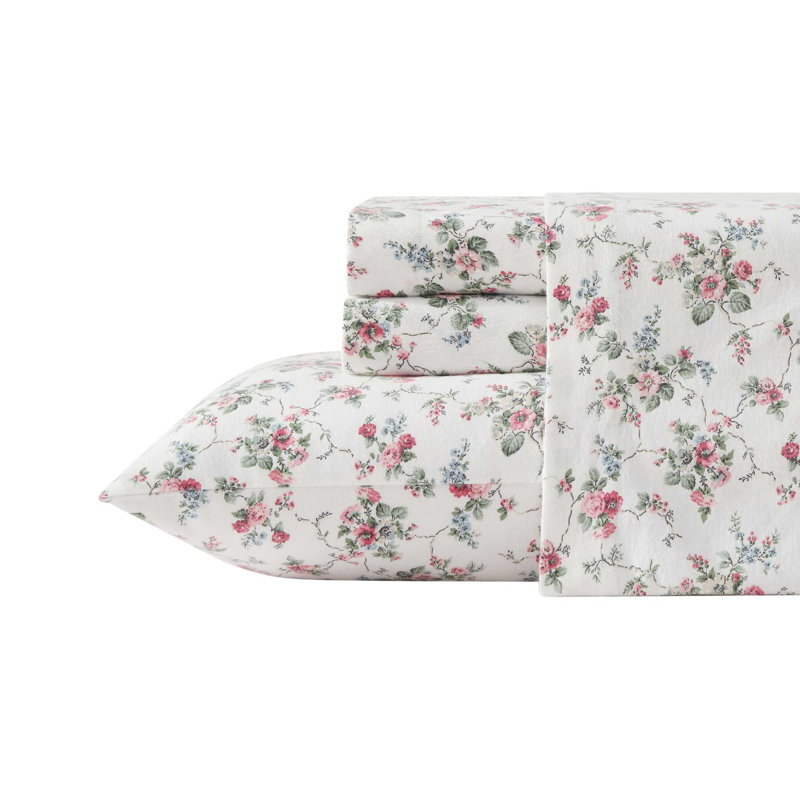 Ensemble de draps en flanelle de coton brossé, Ensemble de draps pour lit simple avec 1 taie d'or, Le Fleur rose