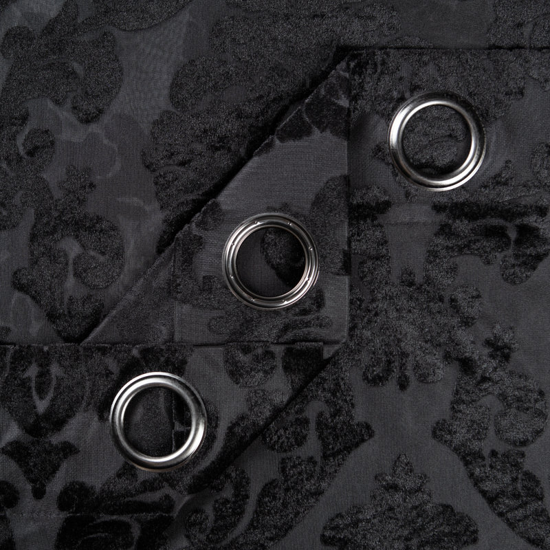 Branca Polyester Damask Semi Sheer Grommet Curtain Panel Set, Black, 52" W x 63" L