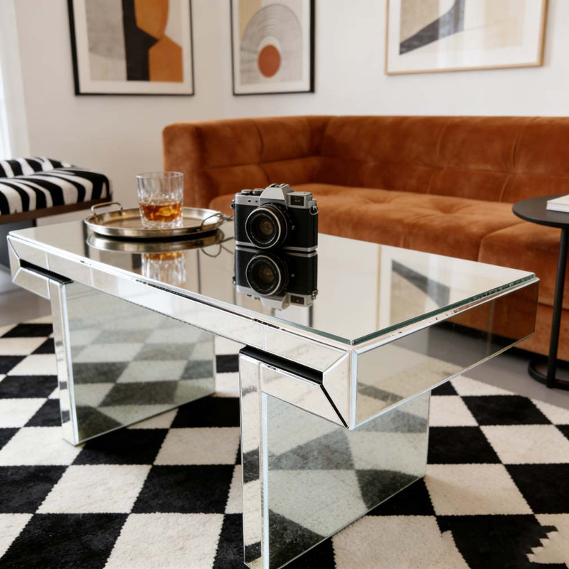 Luxury Rectangular Mirror Coffee Table Fluted Tempered Glass Easy Assembly