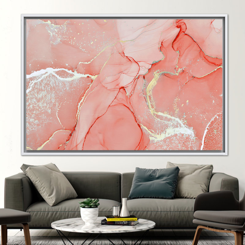 Affiche de luxe sur toile corail et marbre doré, H 41 po x l 94 po, White Floater Framed