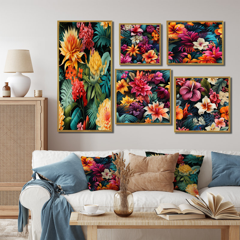Jungle Splendor - motif tropical - ensemble de 5 décorations murales tropicales, Cadre flottant doré
