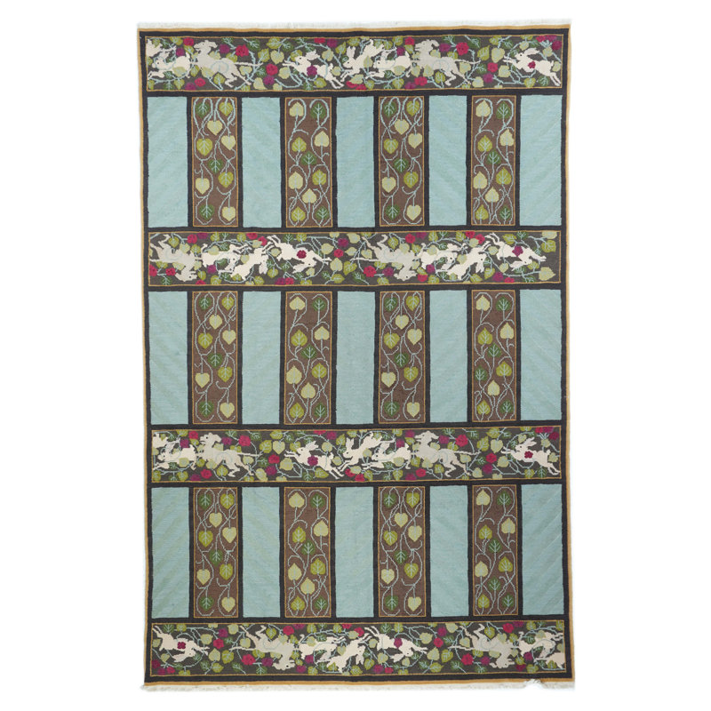 Tapis bleu / brun en laine noué à la main de conception unique 6 pi x 9 pi