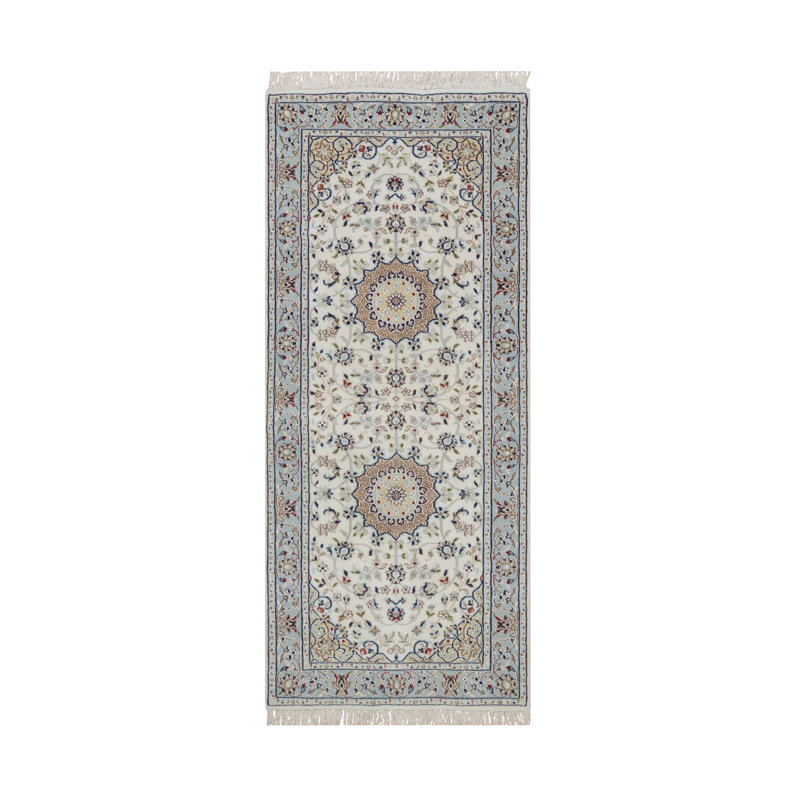 Tapis oriental blanc 2 pi 9 po x 6 pi 5 po, laine et soie, 250 KPSI, tapis Nain avec motif de médaillon de fleurs