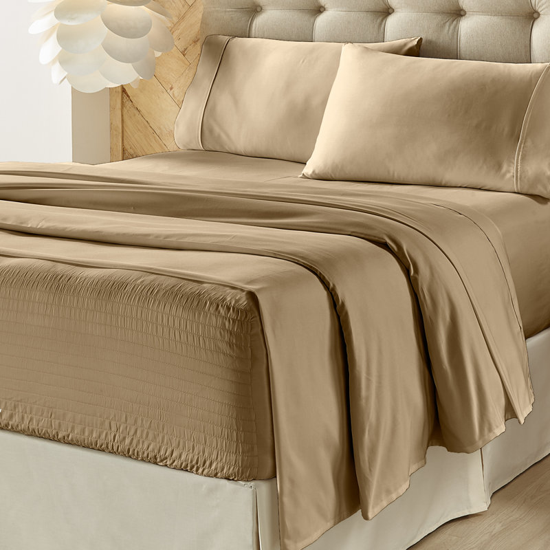 Ensemble de draps en satinette 500 fils, Ensemble de draps pour lit double + drap-housse + , Brun clair