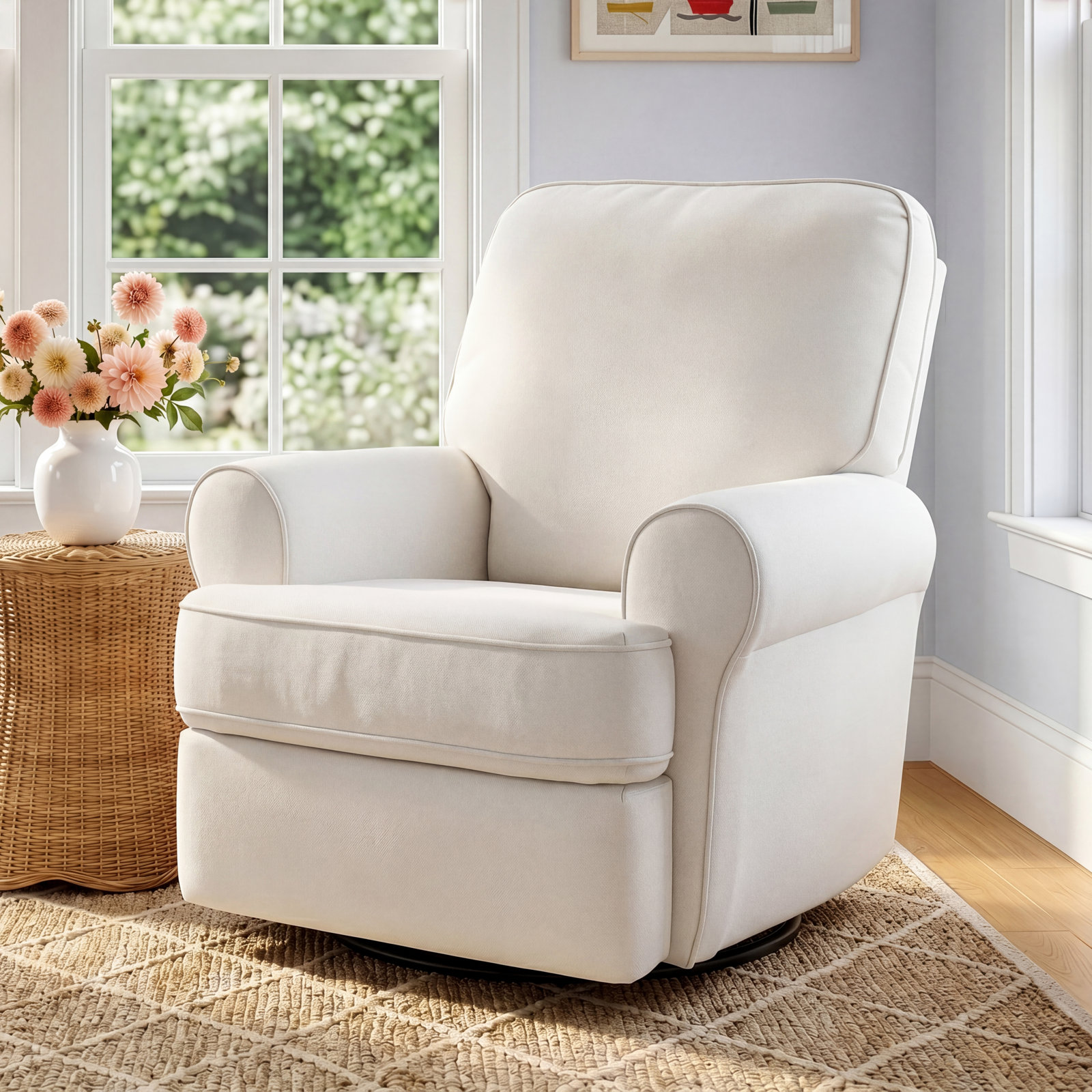 Aubry Upholstered Swivel Reclining Glider, Snow Ivory Performance