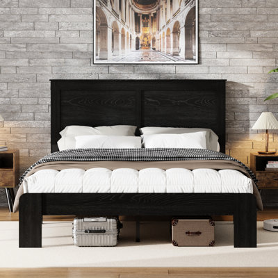 Queen - Sized Bed Frame, Wood Platform With Noise Advantage, No Box Spring Needed, Effortless Assembly Process, Spacious Under Storage, Dark Black Color Scheme, Metal And Wood, Modern Bedroom Setup