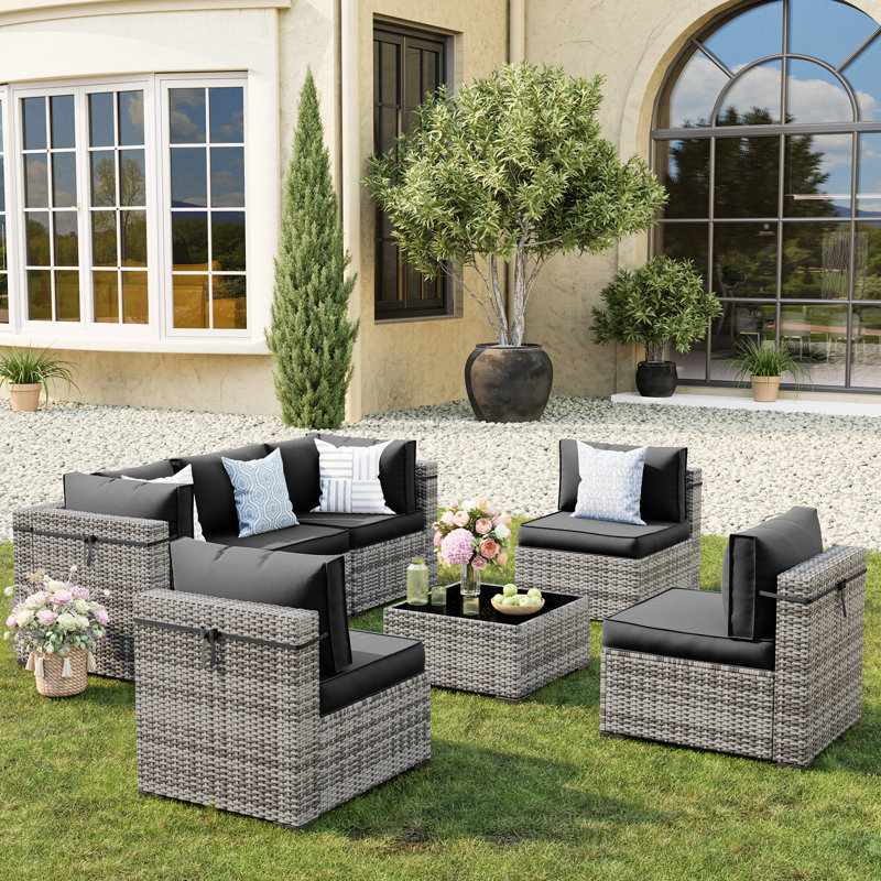 Cawanna 7 Piece Outdoor Rattan Seating Group with Cushions, Beige, Non
