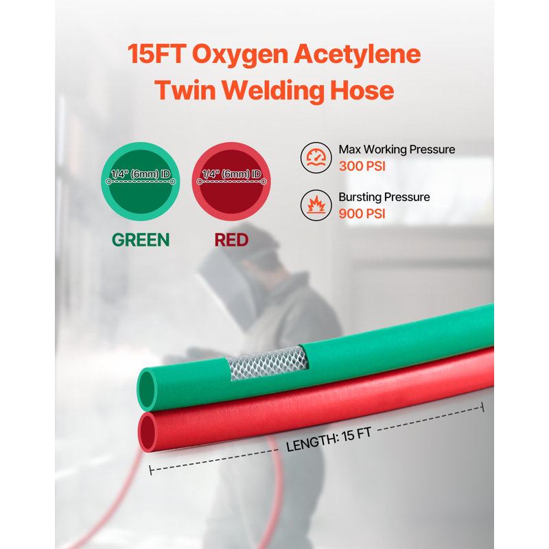 Oxygen Acetylene Hose, 1/4-Inch X 15FT Oxy Acetylene Hose With 9/16"-18 B Fitting, 300PSI T Grade Welding Cutting Torch Twin Hose, Compatible With Oxygen, Acetylene, Propane And Other Fuel Gases