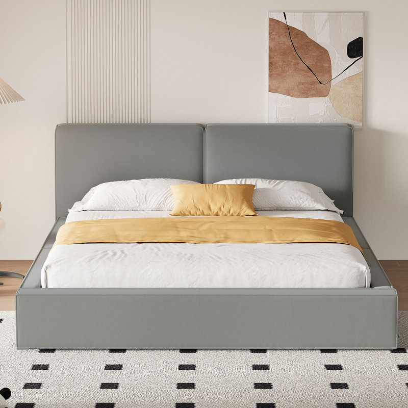 Grand lit plateforme gris avec revêtement en velours et surface de couchage confortable en velours, Gris