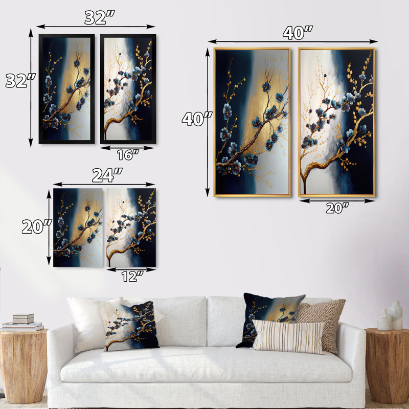 «Blue Cherry Blossom Branch III», 2 pièces sur toile, Encadrement brun, H 20 po x l 24 po