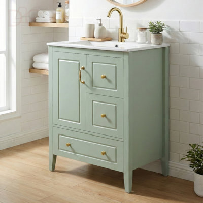 Meuble-lavabo 24 po avec lavabo, une armoire avec porte à fermeture douce, 3 tiroirs à fermeture douce, poignées en métal rétro
