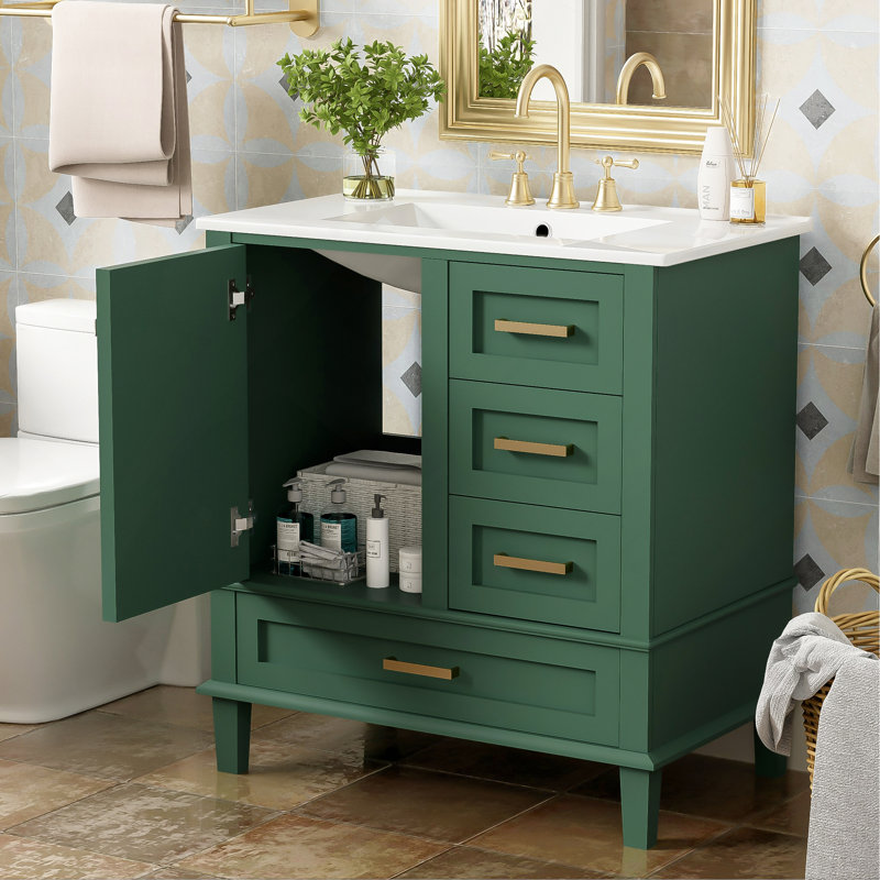 Ensemble de meuble-lavabo moderne 30 po avec lavabo 30 po, ensemble de rangement pour salle de bain avec porte à fermeture douce et 3 tiroirs, structure en bois massif