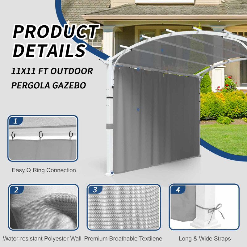 Gray 11x11 Outdoor Steel Pergola with Textilene Canopy