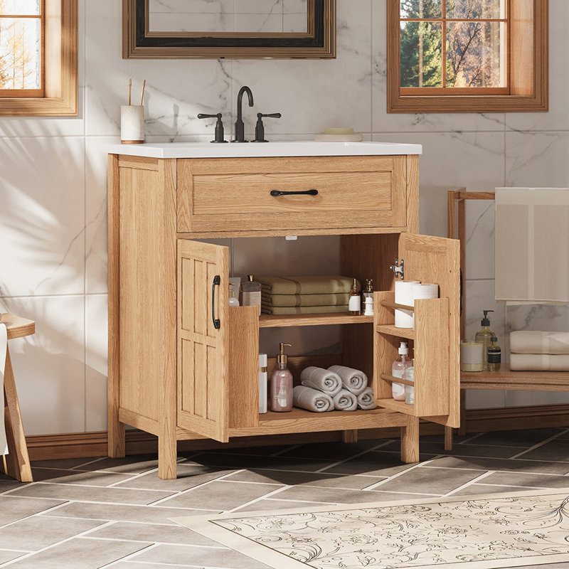 Meuble-lavabo de ferme de 30 pouces avec lavabo en résine, structure en bois massif, tablette réglable et organisateurs de porte d'armoire