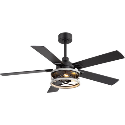 Ventilateur de plafond 52 po avec lumières et télécommande, ventilateur industriel noir rustique avec 5 pales, moteur réversible, luminaire cage en métal pour chambre à coucher, salon, salle à manger
