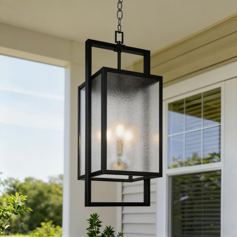 Lanterne suspendue d'extérieur 3 lumières H 22,8 po avec verre ondulé noir