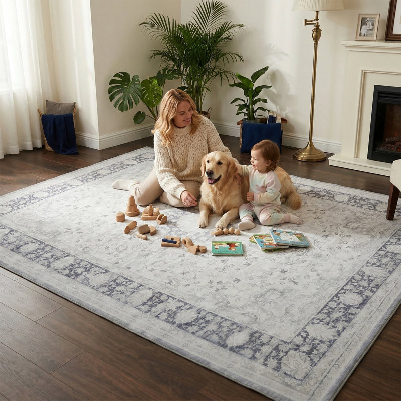 8X10 Machine Washable Area Rug,Soft & Slip-Resistant, Vintage Short-Pile With Reinforced Bound Edges, Large Rug For Living Room, Dining Room, Bedroom