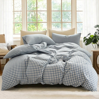XINMIANFANG Gingham Duvet Cover Set,3 Piece 100% Washed Cotton Linen Feel Breathable Bedding,Zipper Closure & 2 Pillowcases,Dusty Blue White Plaid Rustic Farmhouse Decor