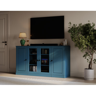Meuble télé 100% bois massif avec panneau surélevé, portes en verre transparent et tablettes réglables pour téléviseur de 65 po ou moins