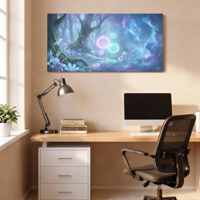 Forêt fantastique avec orbes lumineux et ciel cosmique, reproduction d'art sur toile tendue sur toile, ensemble de 1