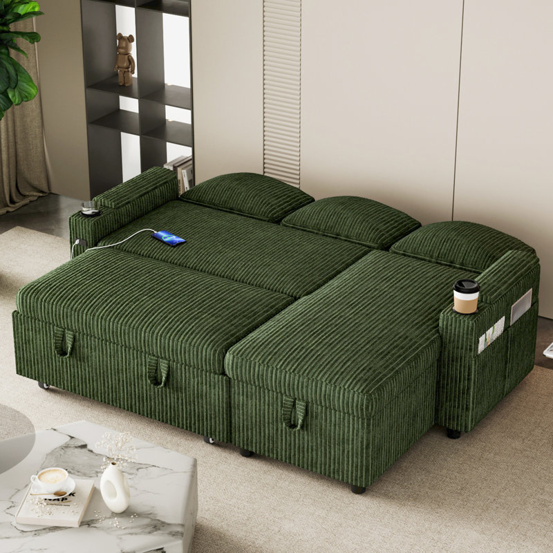 3 Seater Sofa & Chaise, Green Corduroy