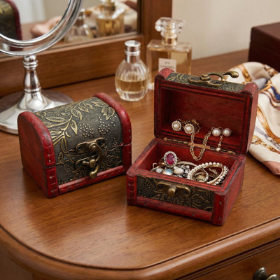  2pcs Vintage Wood Treasure Chest Small Jewelry Box With Antique Metal Latch - Decorative Keepsake Organizer For Earrings And Rings