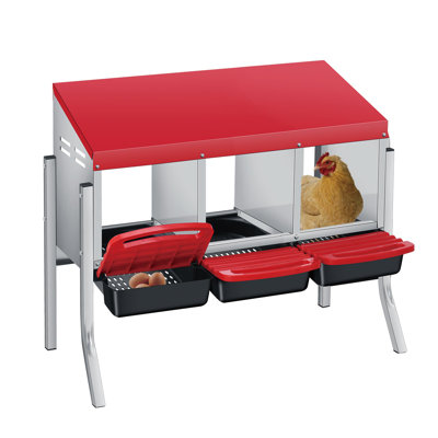 Roll Away Chicken Nesting Box with legs, 3-Compartment Galvanized Steel Hen Nest with Lid & Plastic Tray, Freestanding or Wall Mount Poultry Nesting Boxes for Easy Egg Collection, Red