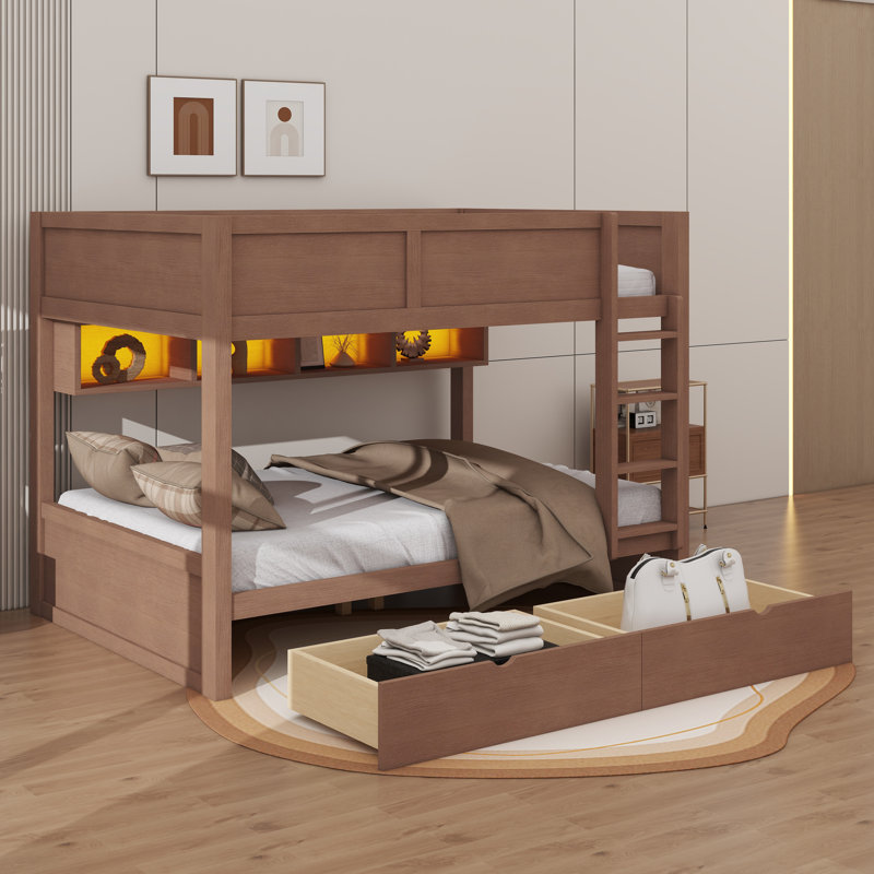 Lit superposé avec tiroirs, lit superposé en bois avec armoires de rangement et lumières DEL, Brown