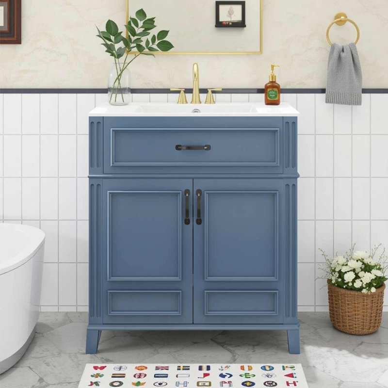 Meuble-lavabo de 30 po avec lavabo en céramique, armoire de rangement avec portes à fermeture douce
