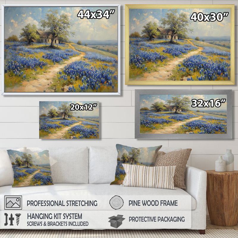 «Blue Green Summer Meadow Charm Blue Bonnets II - Blue Bonnets», art mural, H 24 po x l 32 po x P 1 po