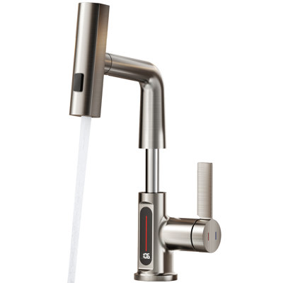 Brushed Nicke Single Hole Bathroom Faucet With Pull-Out Sprayer And Temperature Display