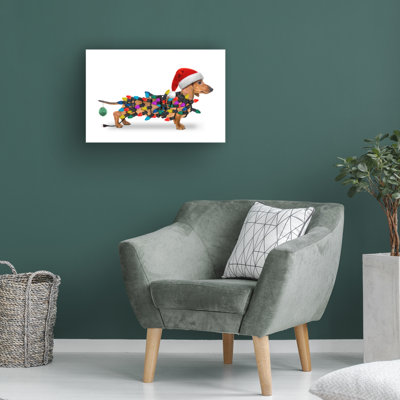 Wrapped Canvas Wall Art - John Hovenstine 'Christmas dachshund with lights' Wall Art for Living Room, Bedroom, or Office Décor  - 22x32