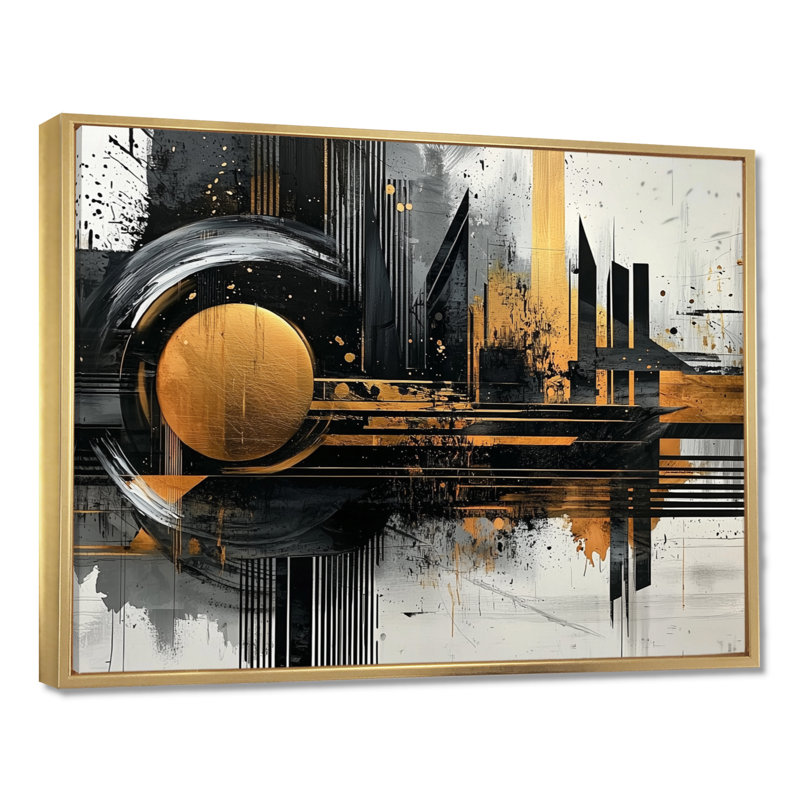 «Dark Transition Golden Shifting Horizons I», art abstrait transitionnel de formes modernes, Impression encadrée flottante