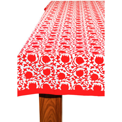 Crimson Bloom Block Print Cotton Tablecloth