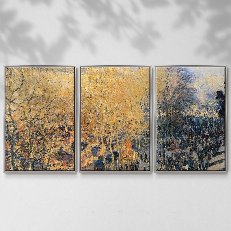 Boulevard Des Capucines, 1883 02, reproduction sur toile 3 pièces, Encadrement argenté, H 36 po x l 75 po