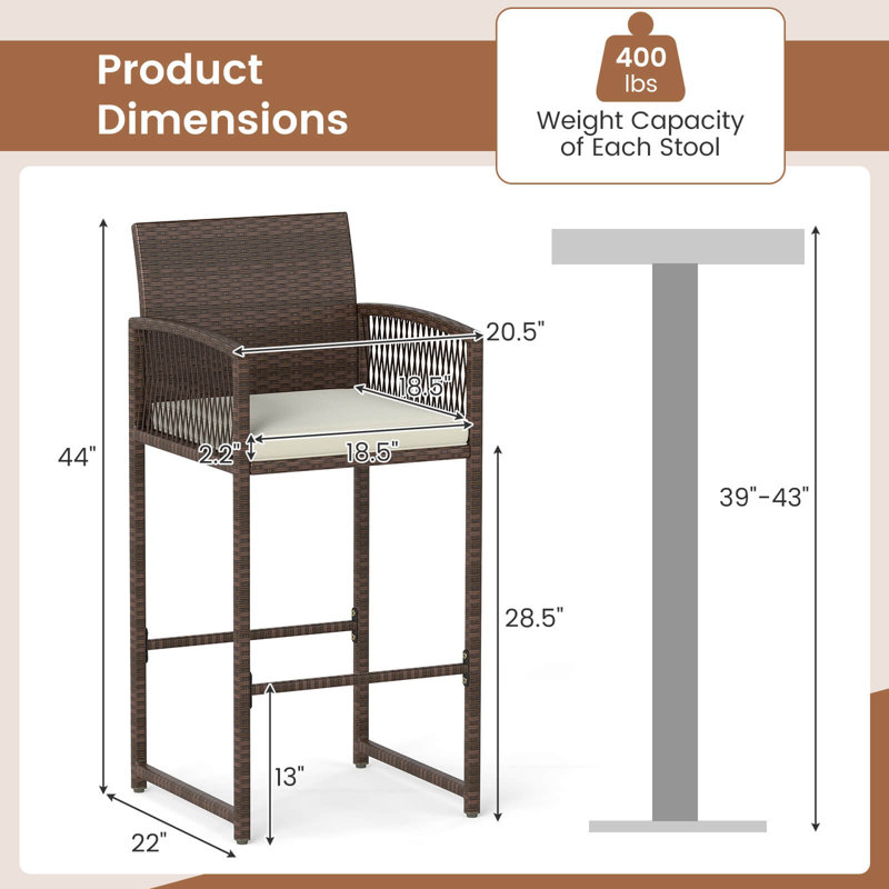 Patio Bar Stools  Pe Rattan Bar Height Chairs With Backrests & Armrests, 4