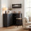 Grande armoire d'angle avec station de charge, garde-manger en L avec 3 tiroirs, garde-manger avec support à vin, support en verre, porte coulissante pour la salle à manger (noir)