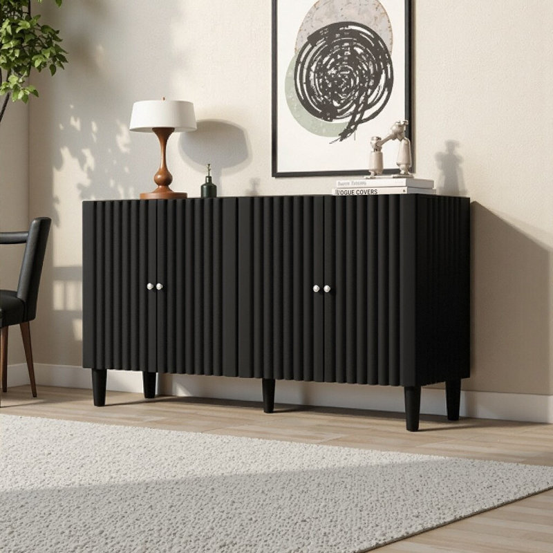 Buffet noir moderne de 58 pouces de large avec portes à motif ondulé, armoire de rangement de 32 po de hauteur avec tablettes réglables et poignées en métal, noir