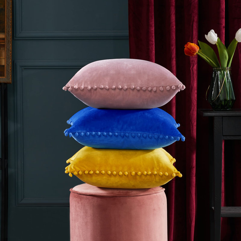 Housse de coussin réversible en velours Pom-poms (ensemble de 4), Bleu, Carré 24 po