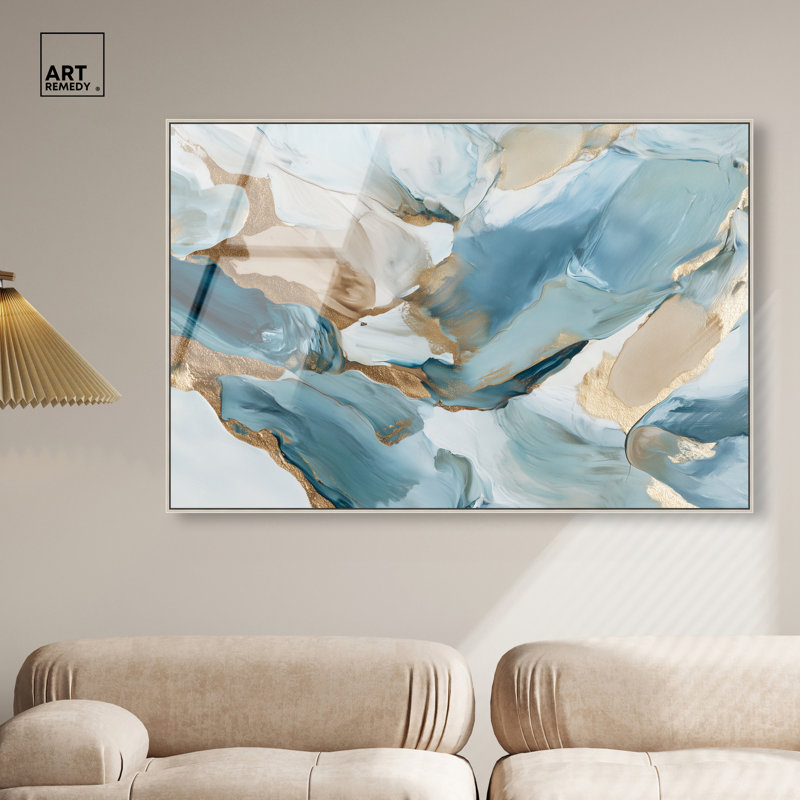 Golden Wave II, reproduction d'art encadrée bleue et dorée par Art Remedy, cadre argenté, 54 x 36, H 37 po x l 55 po