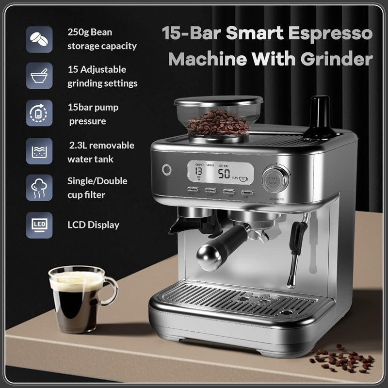 Espresso Machine 15 Bar, LCD Display Espresso Maker with Grinder, Milk Frother and PID Temperature Control, Professional Coffee Maker for Latte Cappuccino - 8.8 Oz Bean Hopper
