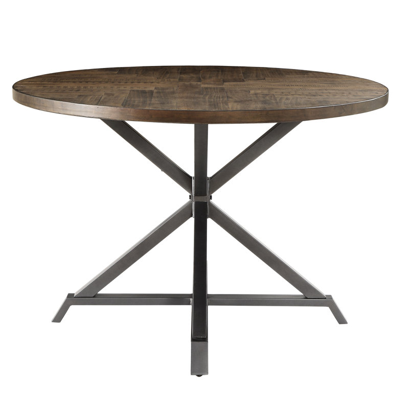 Ensemble de 4 tables de style industriel rustique brun gris, métal et bois, plateau de salle à manger à chevrons, capacité 4, métal bruni et gris
