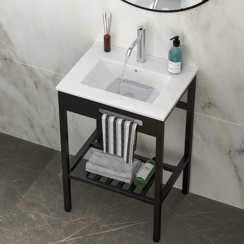 Lavabo de salle de bain console en céramique 24 "x 18" avec trop-plein et pieds en métal noir | Idée de cadeau